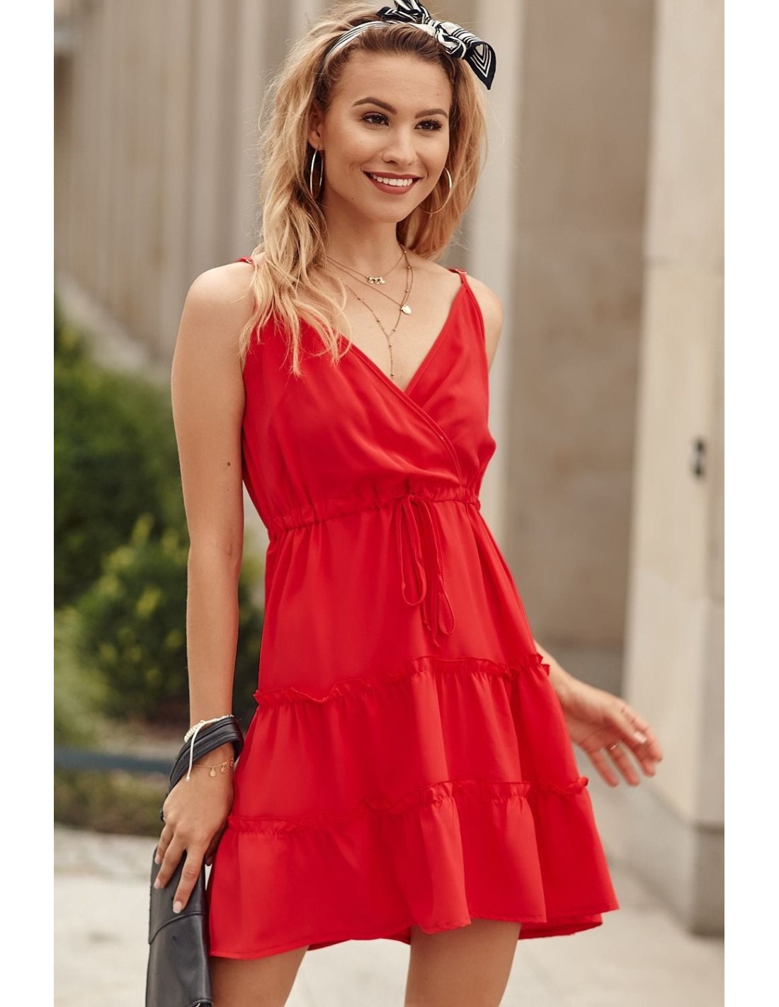 Delicate dress with a red envelope neckline PR3200 - Online store - Boutique